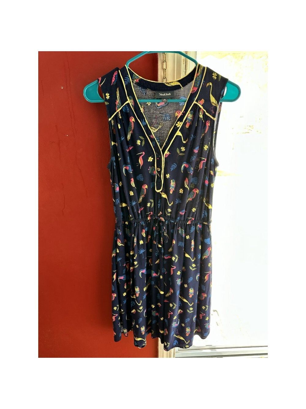 ModCloth Dress Novelty Navy Blue Cafe Au Soleil Tropical Birds Sleeveless Medium - Picture 6 of 14
